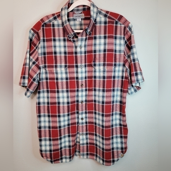 Carhartt Men's Red and Navy Plaid button down short sleeve shirt Size Large - Picture 4 of 5
